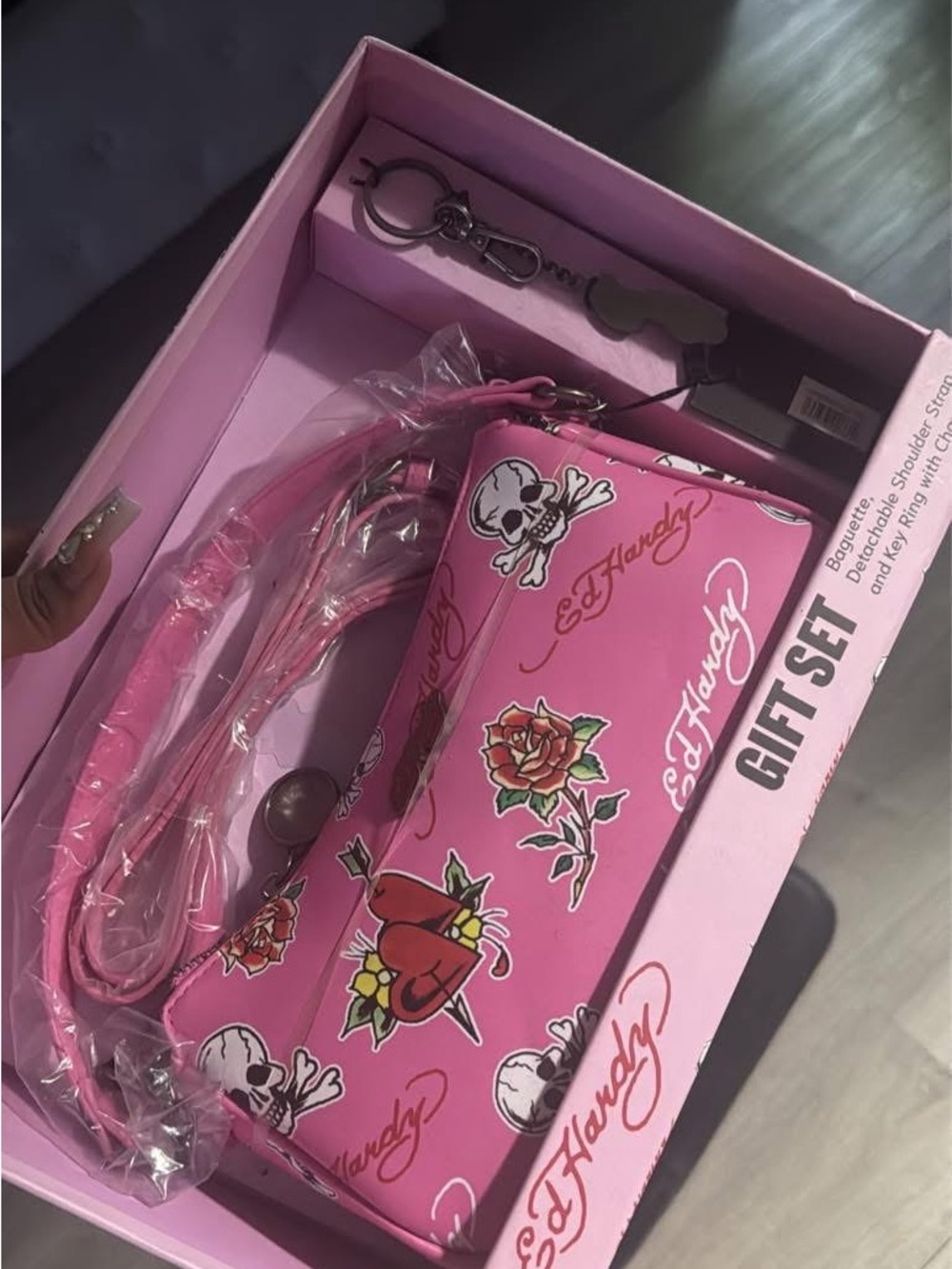 Ed Hardy Pink Tattoo-Print Mini Crossbody with Floral & Skull Motifs